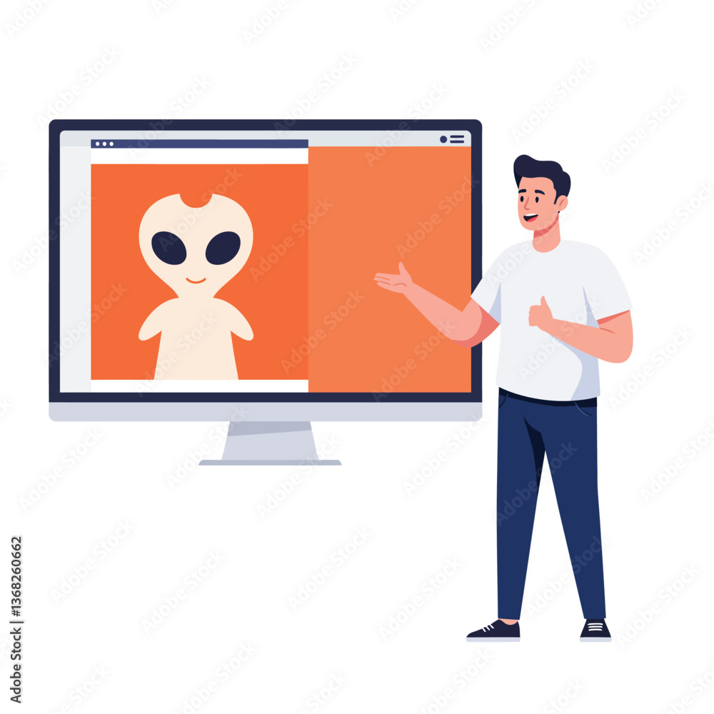 Poster man presenting digital alien image on computer screen in flat vector art