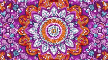 Drawing of Vibrant Mandala Pattern with Floral Motifs in Warm Colors