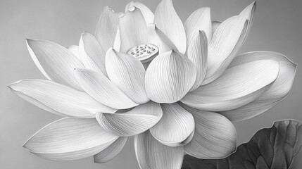 Drawing of White Lotus Flower with Detailed Petals and Leaf