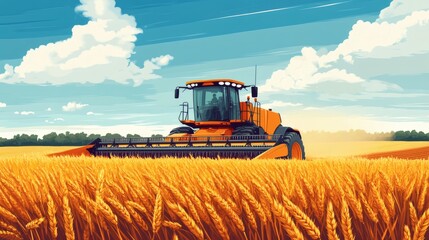 Obraz premium Combine harvester harvesting ripe wheat in a golden field under a sunny sky.