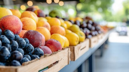 Healthy fruits and vegetables overflowing shelf supermarket background wallpaper colorful display promoting healthy eating fresh produce