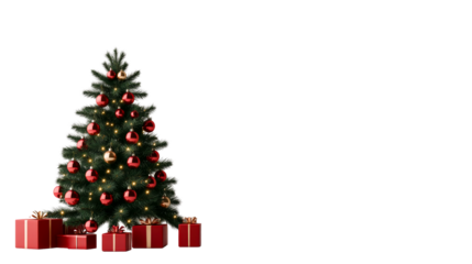 Christmas tree decorated with red balls and gifts, cut out transparent