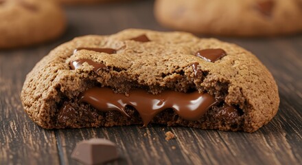 Fototapeta premium Chocolate chip cookie with chocolate filling on a wooden surface