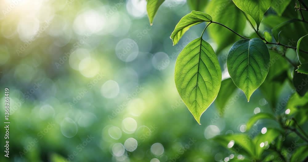 Poster conceptual view of a green leaf against a blurred background of greenery in a garden, illuminated by