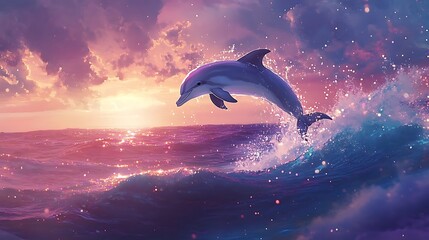Fototapeta premium Dolphin leaping out of ocean wave at sunset art illustration with shimmering sparkles