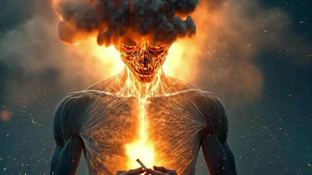 Explosive head with cosmic fire emanating from a human body