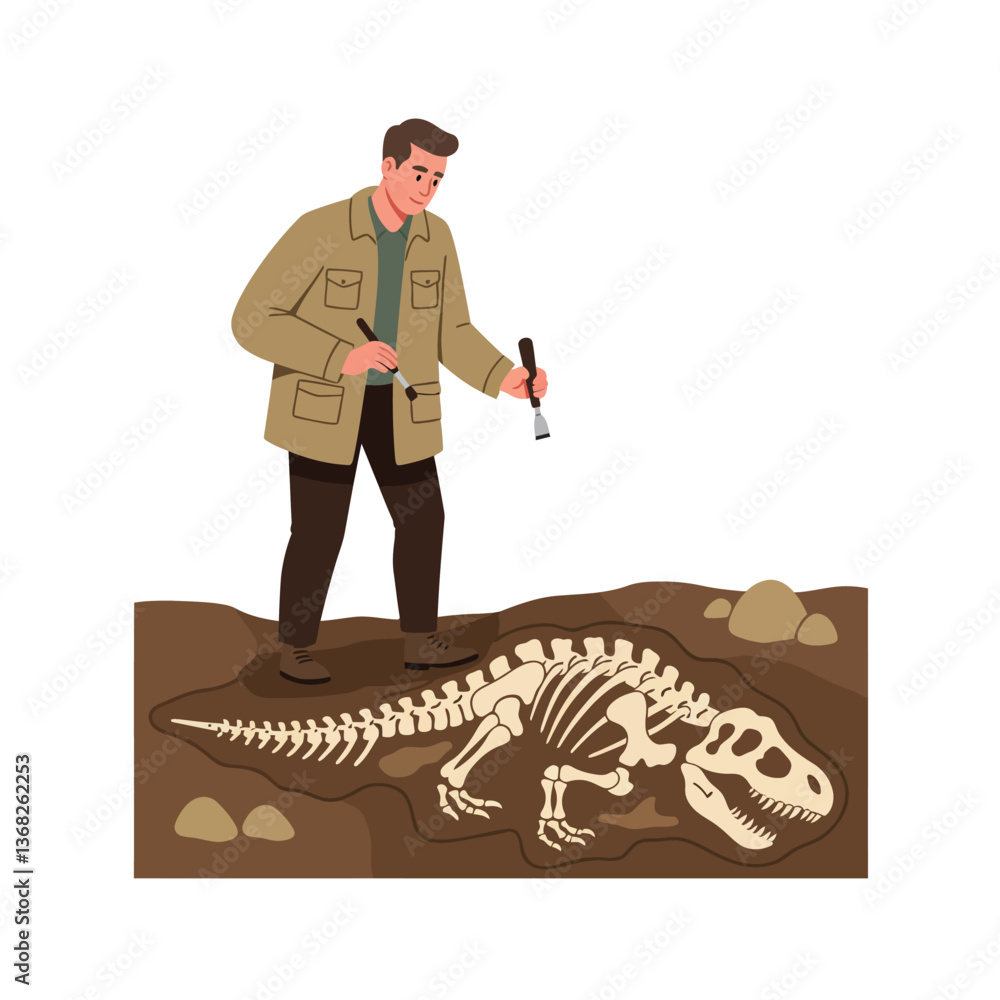 Poster archaeologist examining dinosaur fossil in flat vector art style with detailed elements and natural 