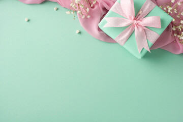 Pastel green present box with pink ribbon on a green surface decorated with delicate flowers