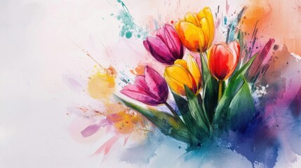 Colorful Tulip Flower Watercolor Painting Perfect for Springtime Greetings