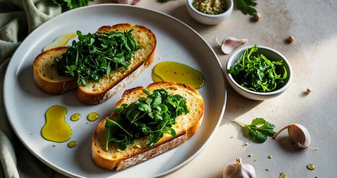 Composition featuring a plate of toasted garlic bread, oil, and greens against a light background.