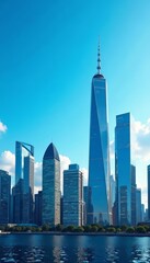 Obraz premium Modern city skyscrapers against vibrant blue sky backdrop, urban skyline panorama, blue sky, skyscrapers