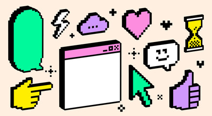 3D pixel art color elements set. Y2k inspired trendy collage stickers. Thumbs up, smile face, heart. Mood of 90's. 8bit retro style vector illustration. Digital geometric shape. Game abstract icons