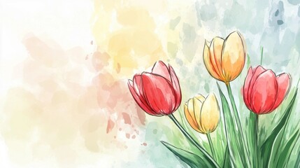 Tulip Flowers Watercolor Painting with Red and Yellow Blooms Artistic Spring