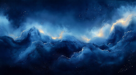 Naklejka premium Dark Blue Watercolor Background – Night Sky Texture with Deep Blue Tones and Artistic Water Painting Effect