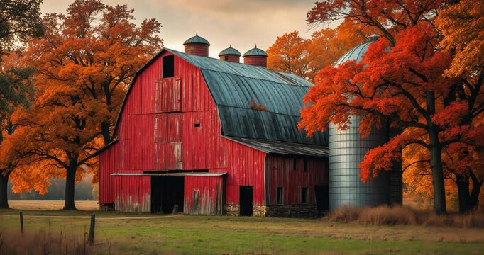 An aged red barn with a silo is encircled by trees adorned with vibrant autumn leaves.