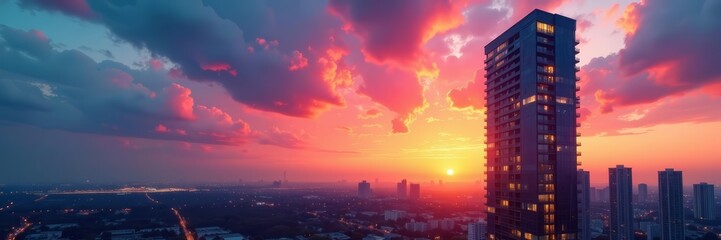 Modern high-rise building against colorful sunset sky, sky, city