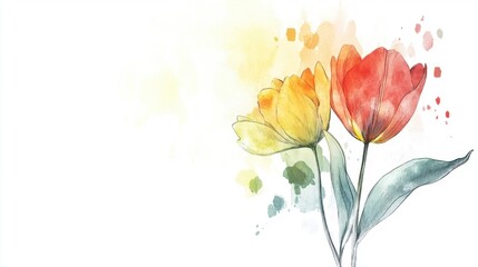 Watercolor Tulips Illustration with Yellow and Red Flowers on White Background