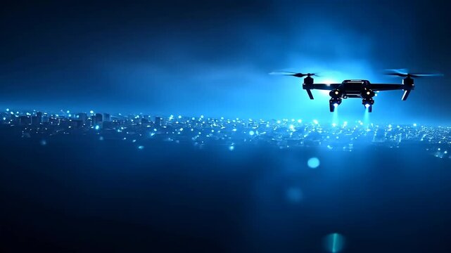 A drone hovers over a glowing cityscape, illuminated by blue lights, in a visually striking nighttime setting.