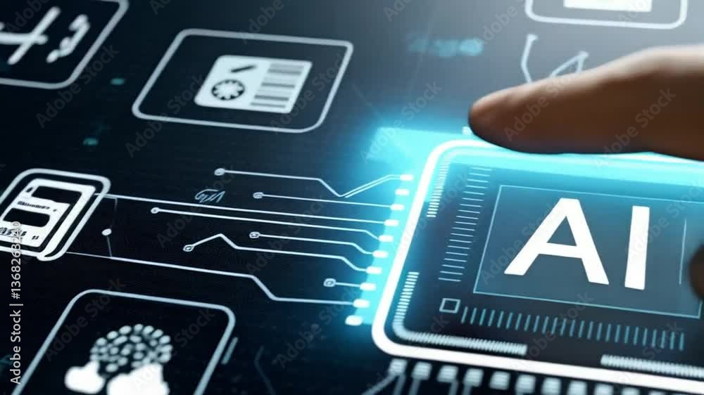 Poster A hand touching a blue ai chip on a dark surface with circuit board patterns and other icons around it
