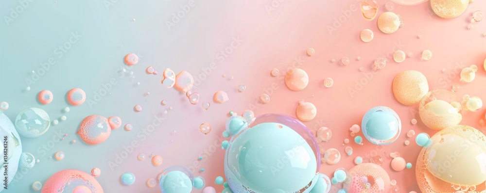 Aufkleber 3d rendering of iridescent pastel colored bubbles floating against a blue and pink backdrop