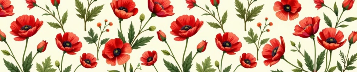 Naklejka premium Vintage-inspired floral design with small blooming poppies in a repeat pattern, pattern, blooming, design