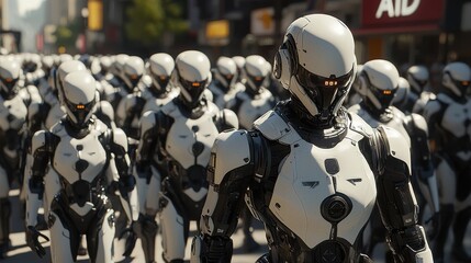 Fototapeta premium Crowd of Humanoid Robots in Urban Environment Showcasing Advanced AI Language Models and Adaptability Capabilities
