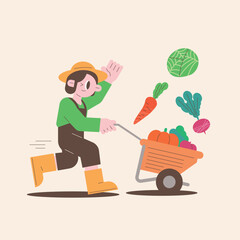 Farmer happily harvesting fresh vegetables from the garden. Simple and cute illustrations
