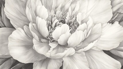 Drawing of Peony Flower with Detailed Petals in Monochrome Style
