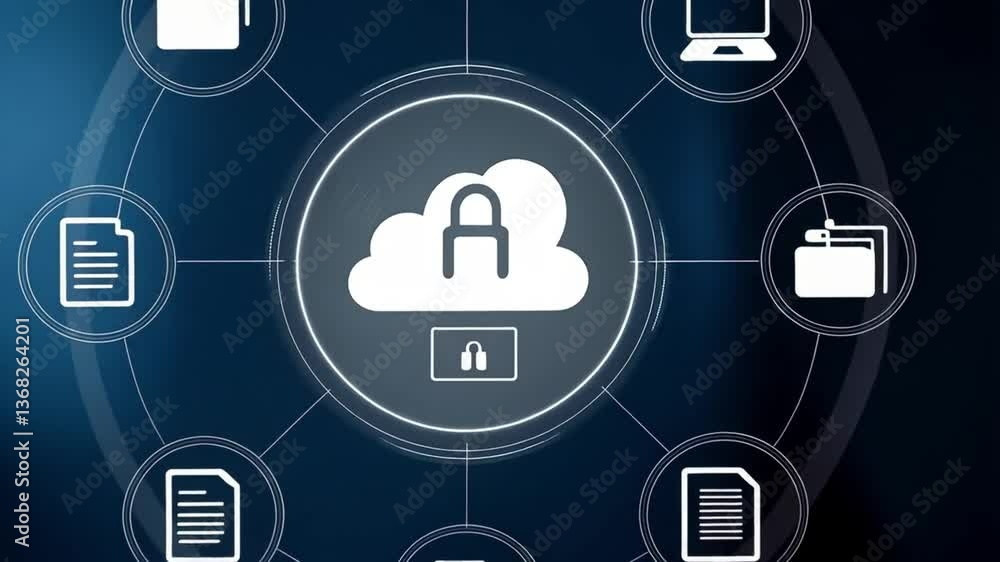 Aufkleber hand touching cloud storage interface with folders and documents on a blue background design