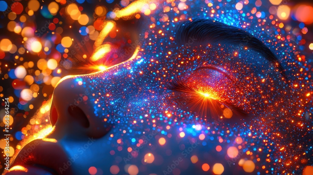 Poster ethereal portrait with cosmic glow and vibrant dust effect, representing ai adaptability and languag