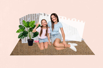 3D collage trend artwork sketch poster of spring season happy motherhood young lady preteen girl...