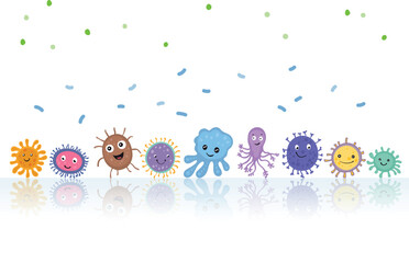 A colorful vector illustration of various cartoon-style gut bacteria on white background with smiling and playful expressions, representing a diverse microbiome in the intestine