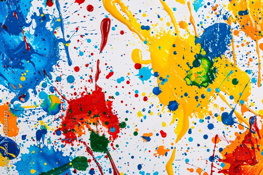 Poster abstract design created by splattering vivid paint colors on a white canvas