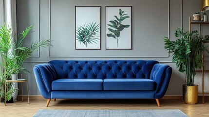 Elegant living room with glamour blue velvet sofa, gold decorations, plants, and mock-up poster. 