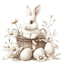 Obraz premium Watercolor white Easter bunny in basket with Easter eggs isolated on white background