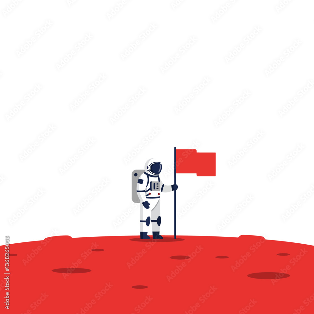 Poster astronaut planting red flag on mars in minimal vector art