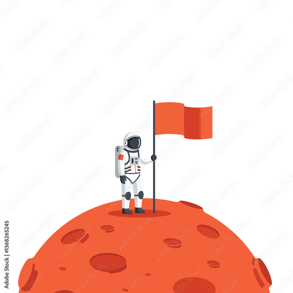 Poster astronaut standing on red planet with flag in flat vector art style vector illustration