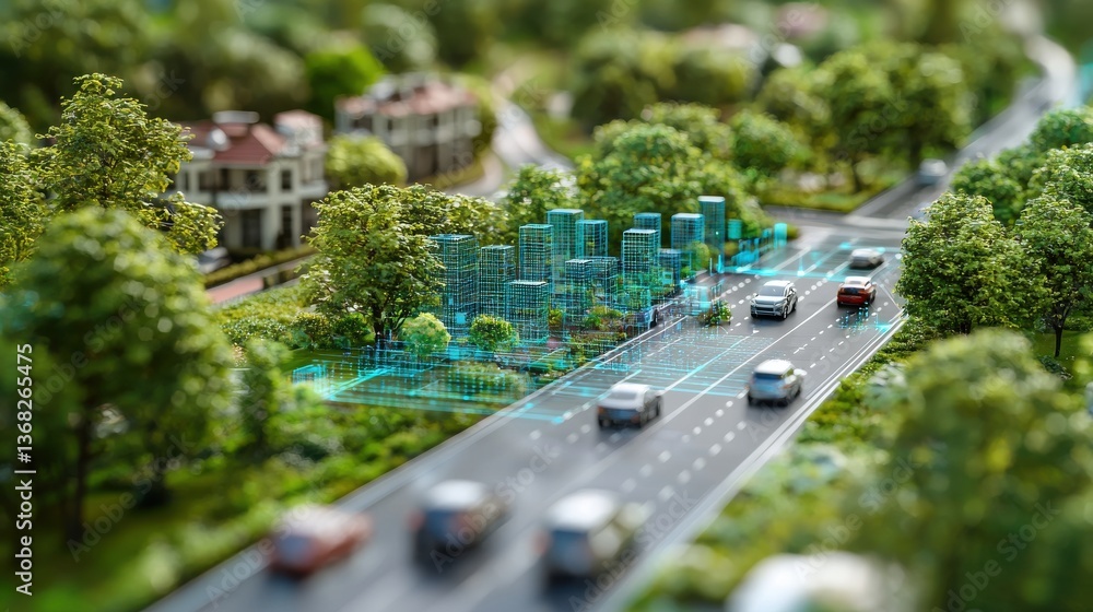 Poster futuristic urban development concept with eco-friendly design and advanced technology integration