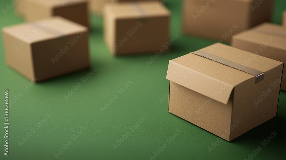 Poster a group of cardboard boxes scattered on a green surface with a shallow depth of field and soft light