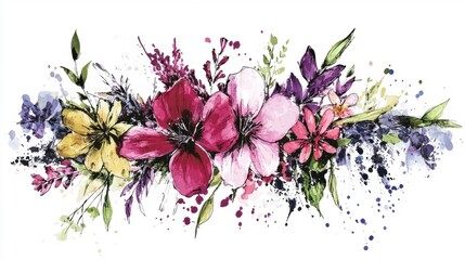 Watercolor Floral Arrangement with Vibrant Blooms and Ink Splatter Design