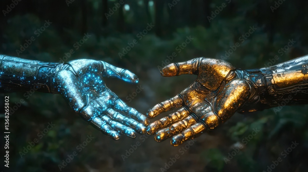 Aufkleber futuristic representation of human-machine interaction with dazzling hands in forest background