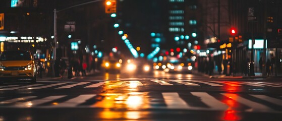 Obraz premium City street at night wet crosswalk reflecting lights blurred pedestrians and vehicles