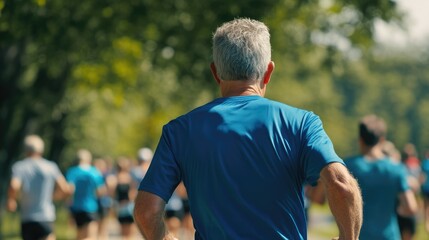Fototapeta premium Senior man jogging in a park during a community running event, surrounded by other participants in motion
