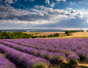 Fototapeta premium A scenic view of Czech lavender fields stretching into the distance under soft cloudy skies during summer.