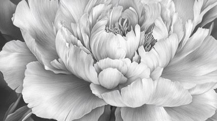 Elegant Peony Flower Close-up in Black and White Pencil Drawing
