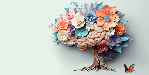 A whimsical tree crafted from a human brain, adorned with delicate paper flowers, ideal for mental health awareness campaigns or creative projects emphasizing serenity.