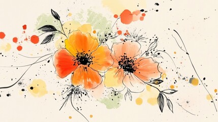 Floral Watercolor Painting with Orange Poppy Flowers and Decorative Elements