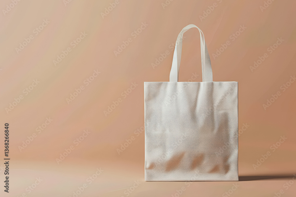 Poster white bag with a pattern on it sits on a tan background. the bag is empty and has a white handle