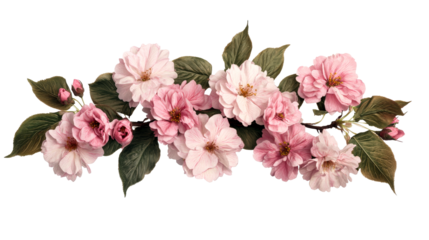 Floral branch composition, pink blossoms, leaves, art isolated, cut out transparent