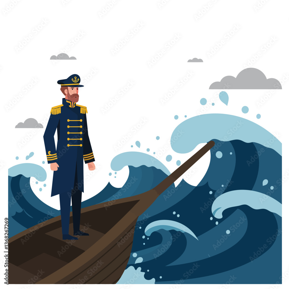 Poster captain navigating stormy seas in flat vector art style with waves and clouds